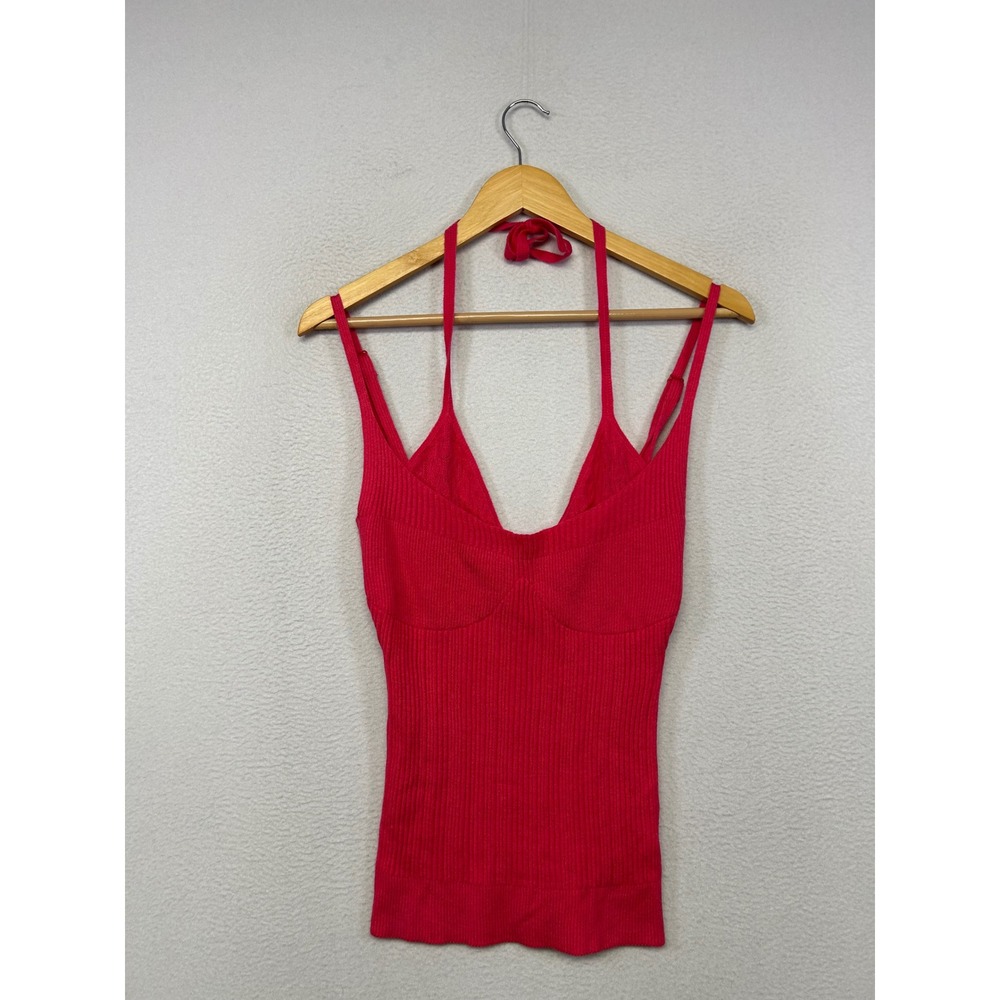Coquette 13xinn Women S Pink Ribbed Knit Halter Cami Top Balletcore Y2K Preppy